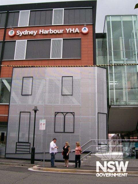 Youth Hostel Australia building over excavated archaeological site, here showing the screen interpreting the former 19th Century building once standing here.