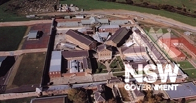 Aerial view of Goulburn Gaol.  The Goulburn Correctional Centre has a recorded association with a number of famous and infamous characters, both staff and inmates, including a Victoria Cross winner, bushrangers, larrikins, labour leaders and murderers.