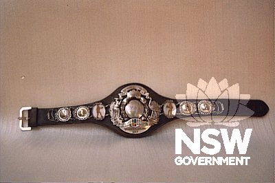 Boxing belt awarded to Jimmy Carruthers, Australia's first world boxing champion, 1952, World Bantamweight Champion.