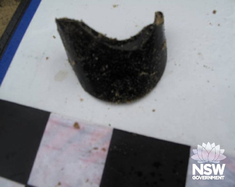 Hive survivor camp artefact in situ - neck of black bottle - Bhwerre Beach, Wreck Bay