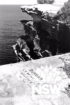 Rock cutting denoting the final resting place of the clipper Dunbar below South Head.