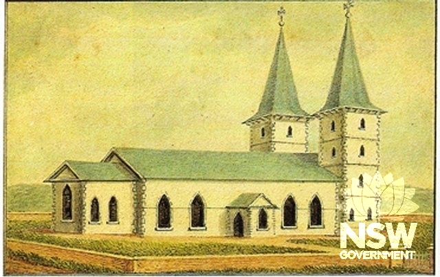 1819 painting showing 1817-19 towers and remodelled eastern end and windows of the original 1803 St John's Church.jpg