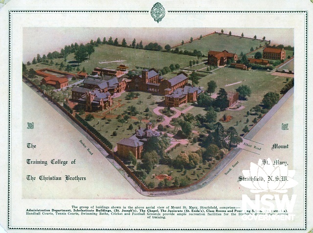 Aerial hand-coloured photograph of the campus in 1933 when the place was called Mount St Mary and was the training school and headquarters for the Christian Brothers in Australia and New Zealand. Reproduced from Stewart, 2004.