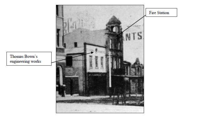 Insurance Companies Fire Brigade Station, Bathurst St Sydney in 1901. The Bell Tower is empty as the bell is in Bathurst by this time.