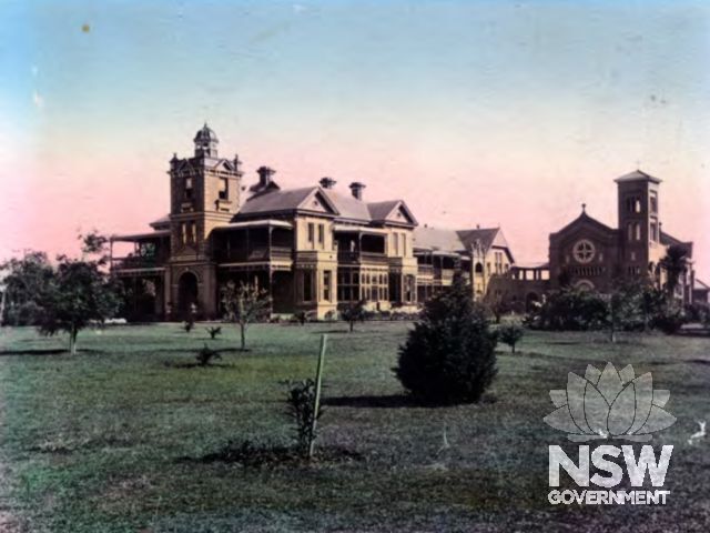 Photo of the Edmund Rice Building incorporating the Mount Royal vill on the left, then known as Mount St Marys and the Barron Chapel (on the right) in the mid 1920s, hand coloured from the Christian Brothers Archive. Reproduced in Weir Phillips HIS, 2011.