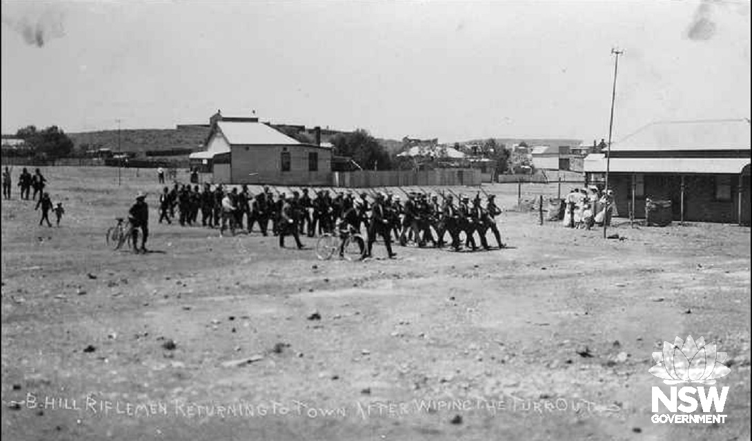 Broken Hill riflemen marching back into town after the final gun battle