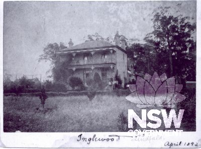 The Victorian Georgian style 'Inglewood' c.1892. Photo inscribed by Ethel Turner. Ethel is on the right  side of the verandah, her sister Lillian is on the left.  Charles Cope (step father) is on the horse. Rex Cope (half brother) is on the right.