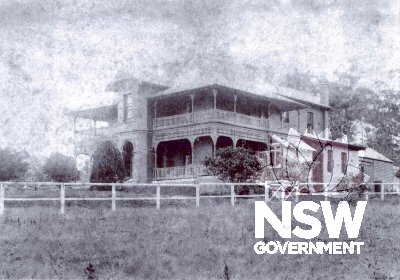 Image of 'Woodlands' c.1905 - 15 displaying the Federation Filigree style refurbishment of the exterior and enlargement of the house during the ownership of Andrew Johnstone Sievers.  This photo was given to Mrs Philippa Poole by Mr Robert Mills.