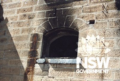 Window detail after being damaged by fire.  It has social significance because of its important function as a local landmark and its physical relationship to the Cooks River and the surrounding urban settlement.