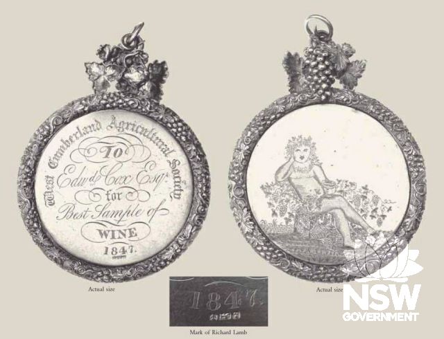 Images of the medal won by Edward Cox in 1839 for wine produced from grapes grown on his property at Mulgoa, most likely on the vineyard terraces on Lot 2. From Australiana November 2008.