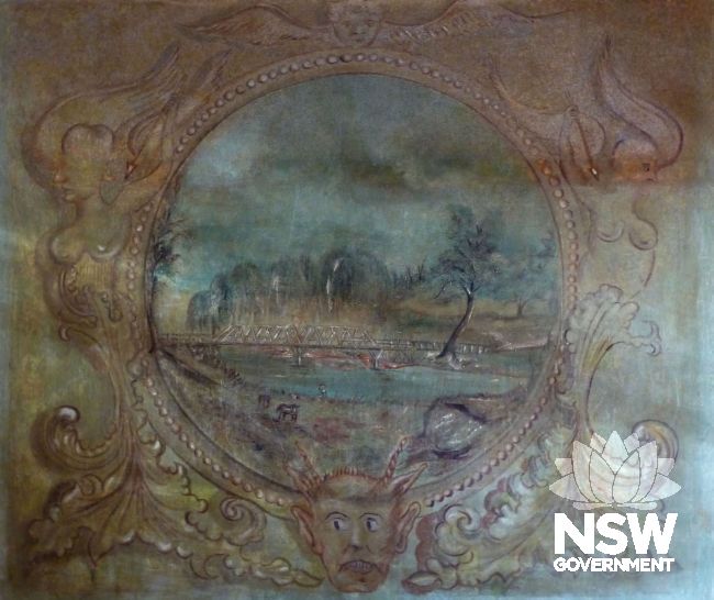 Historic mural above fireside in main public meeting room of the Bridge View Inn, probably dating from 1870s, recently restore uncovered and restored. Framed by mthological creatures, the mural depicts the view towards the river and bridge (since demolish