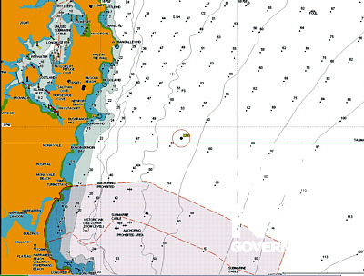 M24 wreck location off Bungan Head, Newport and  500 metre radius SHR curtilage and No Entry protected zone gazetted under Commonwealth Historic Shipwrecks Act 1976.