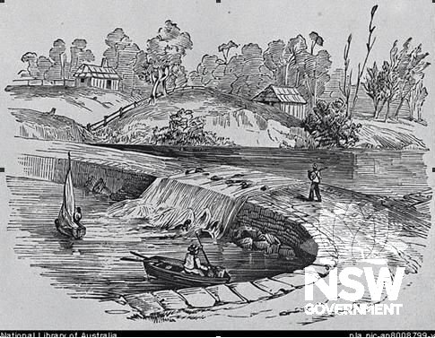 Viiew of the Dam Over the River at Liverpool NSW. Liverpool Weir in 1857, looking from the western bank to the south east across the weir.