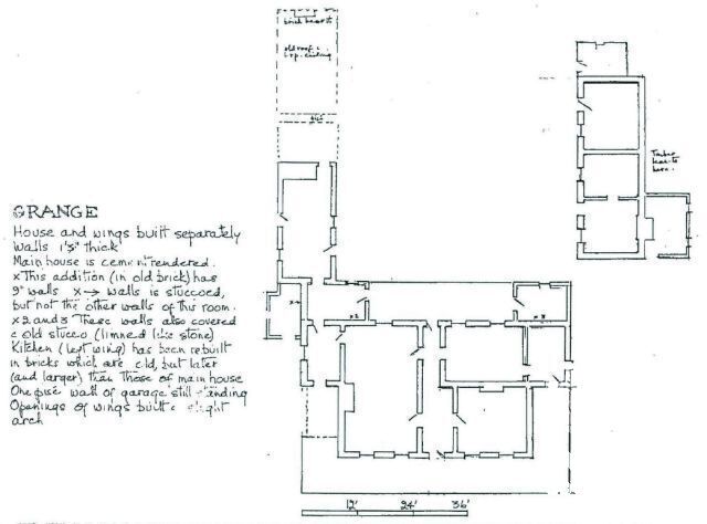 Sketch of flooplan for the Grange in 2012 by its owner/ writer of CMP, Edward Jones. On the left is the kitchen wing and on the right the cottage wing.