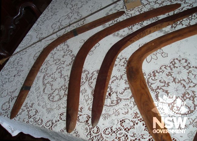 Boomerang collection, some hand made by Wellington from the local Pangerang tribe and some by William Sloane, early settler, under Wellington's tutelage