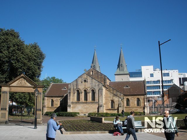 Taken from Church Street, looking west. From left: 1918 Memorial Gates; St John's Cathedral, east facade; St John's Church Hall.