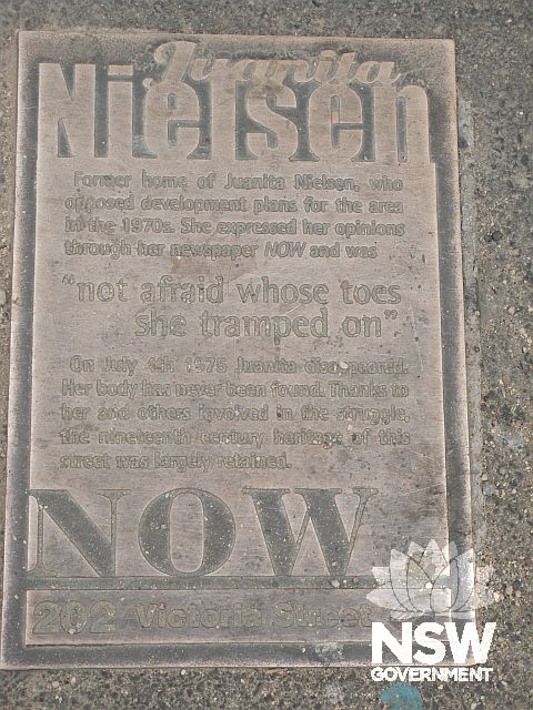 Memorial plaque to Juanita Nielsen in the footpath in front of 202 Victoria Street, Potts Point.