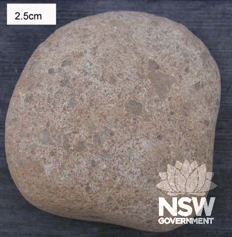 A hammerstone (103 x 98 x 55mm in size) found during excavation of the Meriton Building Site. The hammerstone is a river cobble of coarse grained silcrete. It may also have been used as a grinding or pounding stone.