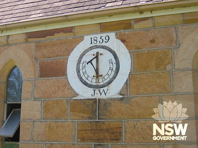 1859 sundial by John Wenban painted on the north wall of St John's Anglican (Blacket) Church.