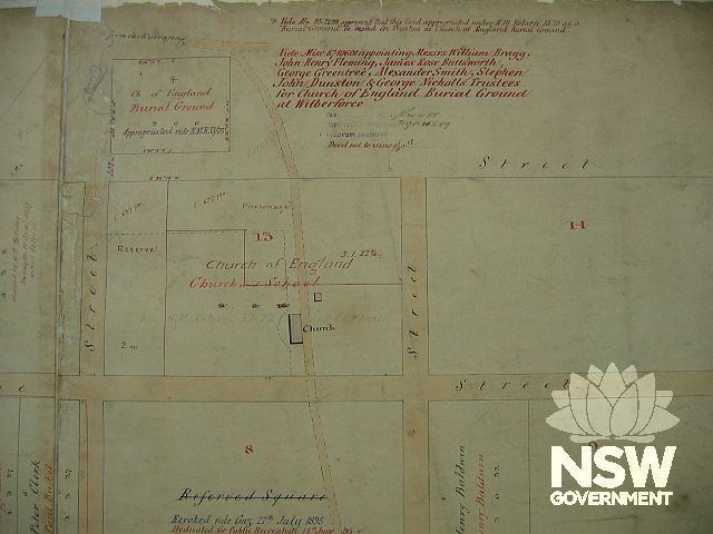 Wilberforce Village Survey 1833, showing the Former Macquarie Schoolhouse/Chapel as the Church with the burial ground to the north and the town square to the south, all laid out by Governor Macquarie.