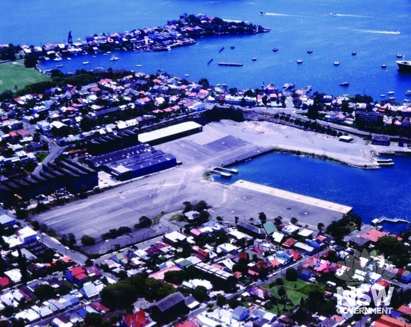 Aerial photograph of Balmain Peninsula showing  the ANL Containter Terminal constructed on the Mort's Dock site, 1960s.