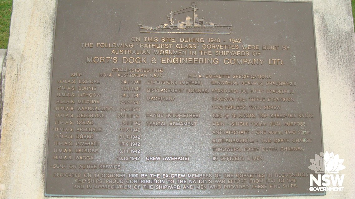 Mort Dock & Engineering Company Ltd plaque  (Mort Bay Park, Balmain, Leichhardt LGA) commemorating the Bathurst Class Corvettes built by Australian Workman at the Dock from 1940-1942.
