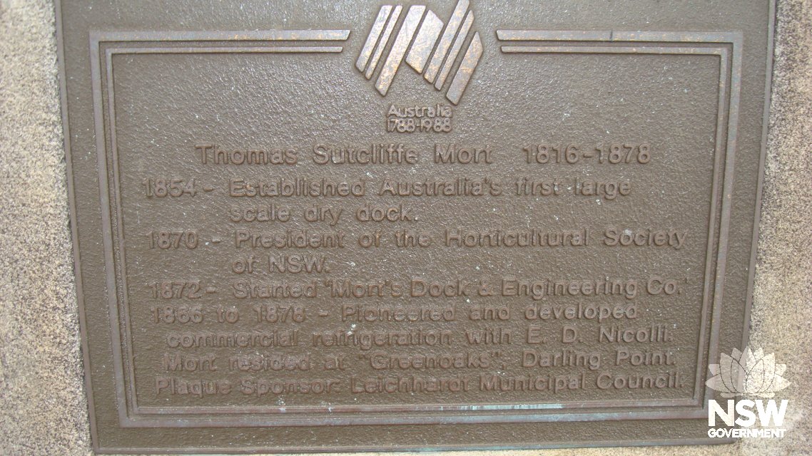 Australian Bicentennary Plaque commemorating Thomas Sutcliffe Mort and his achievements. The plaque is located at the base of Mort's Dock, Mort Bay Park, Balmain, Leichhardt LGA.