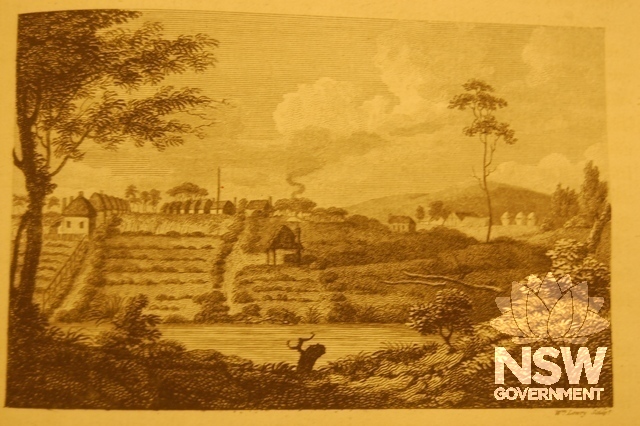 Toongabbie Government Farm viewed from the east across Toongabbie Creek - 1792-95 - Possibly by Thomas Watling, engraved by Wilson Lowry, printed by David Collins in his Account of the English Colony in NSW Vol 1 London, 1798, 413