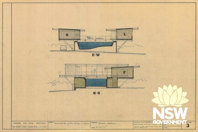 Boyd- Romberg sketch of section showing integral position of pool within the structure of the house
