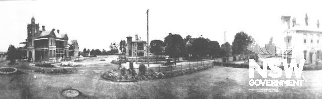 The campus is located on the ground of three Victorian villas and their grounds - Mount Royal (left), Ovalau (centre) and Ardross (right). The latter two villas were demolished in the 1960s. This photo dates from the 1910s before the Barron Chapel was bui