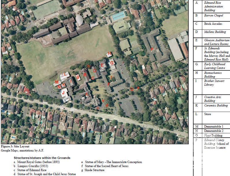 Google map reproduced in Weir Phillips and annotated by them with names of the main buildings and key elements of the siite. Weir Phillips HIS, 2011.