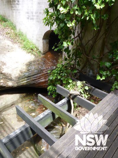Stream flowing underhouse from entrance