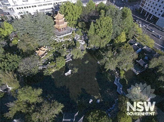 Bird’s eye view of Lake of Brightness showing Pavilions and general layout of Chinese Garden of Friendship