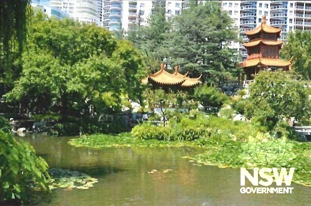 View over the Lake of Brightness to the Twin pavilion and the Pavilion of Clear Views, Chinese Garden of Friendship, Darling Harbour