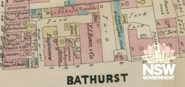Section of Doves Plans for Block 92 and 93 showing location of the former Insurance Companies Fire Brigade Station at 105 Bathurst St Sydney.
