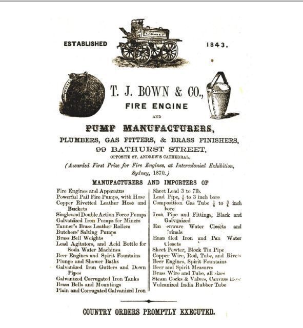 Advertisement for T>J> Bown who manufactured and imported bells and other firefighting equipment
