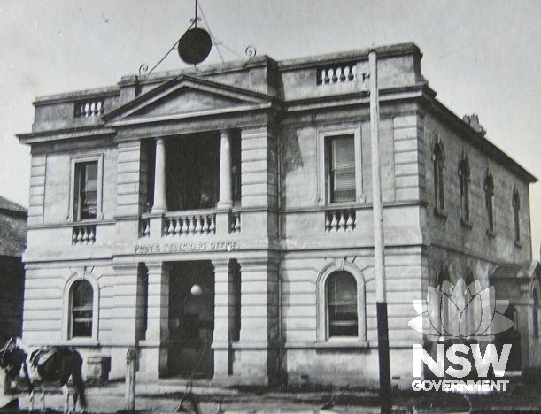 Façade of the original Wollongong Telegraph and Post Office building, as recently extended by Colonial Architect James Barnet, c1883  Courtesy Illawarra Historical Society Museum
