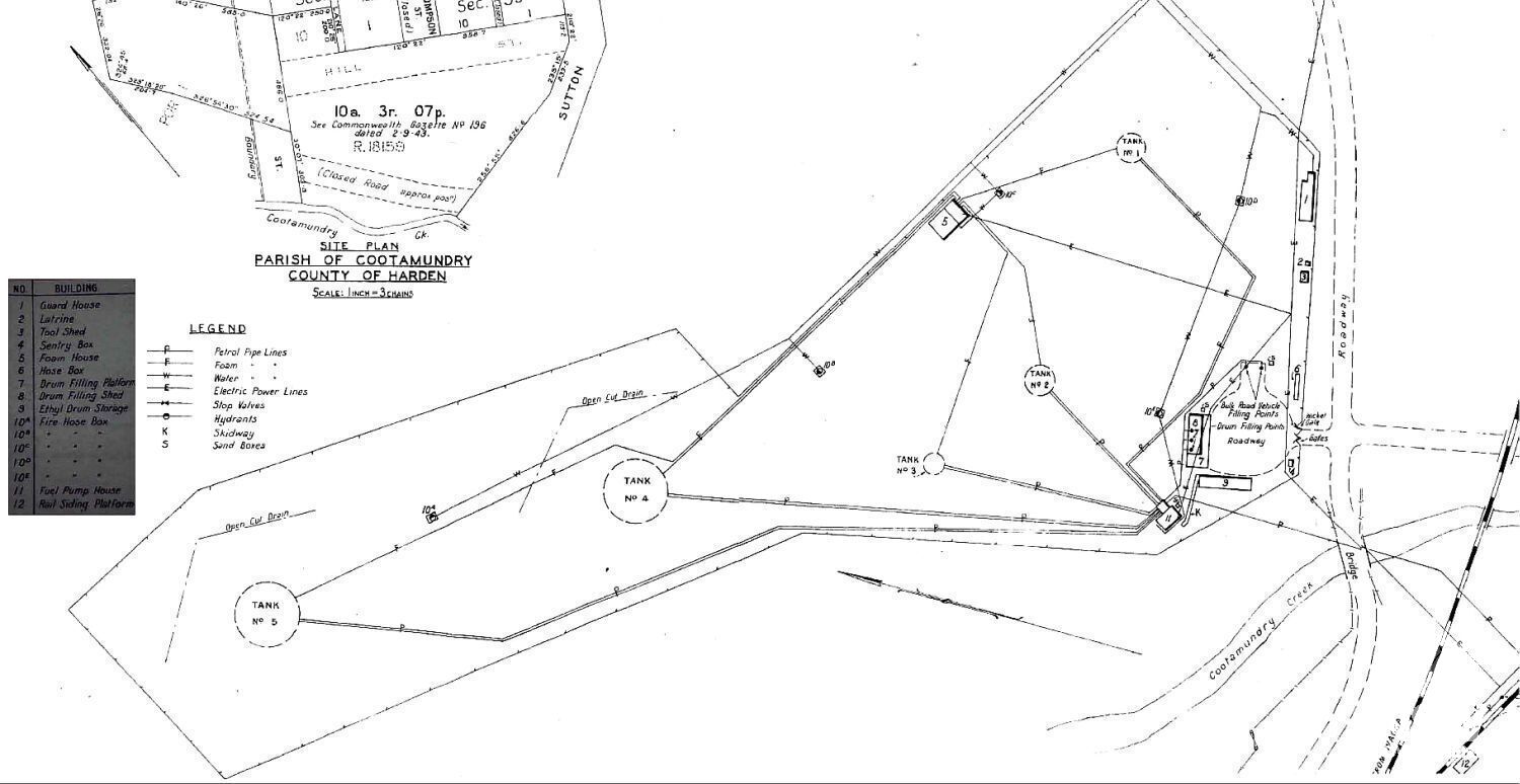 Map of Cootamundra WWII Fuel Depot site showing location of the five historic aviation fuel tanks and other major elements on site, dating from 1946.  Courtesy National Archives of Australia, via Rappoport 2011.