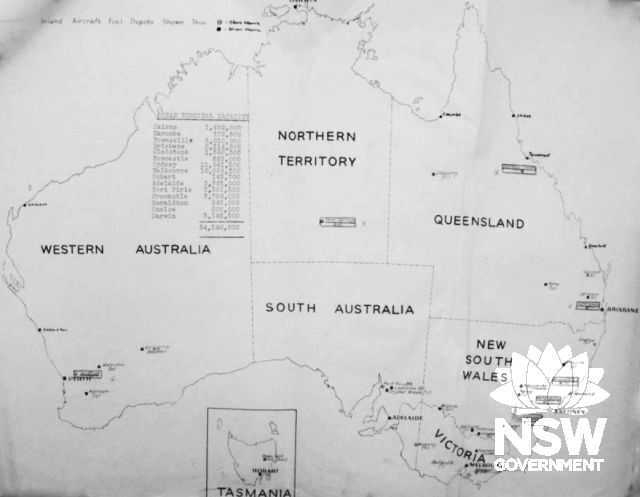 WWII map of location of Inland Aviation Fuel Depots throughout Australia in 1945, held National Archives of Australia (1196,23/501/202)  Courtesy National Archives of Australia via Rappoport, 2011