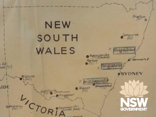 Detail of map showing location of Inland Aviation Fuel Depots in NSW in 1945 (National Archives of Australia) (1196,23/501/202)  Courtesy National Archives of Australia via Rappoport