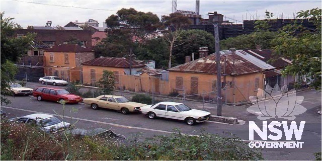 Old Pyrmont Cottages before adaptation in 1990s. View from site of No 1 Scott Street. Source: SHFA Image No 291249_DH_PPP_030-91