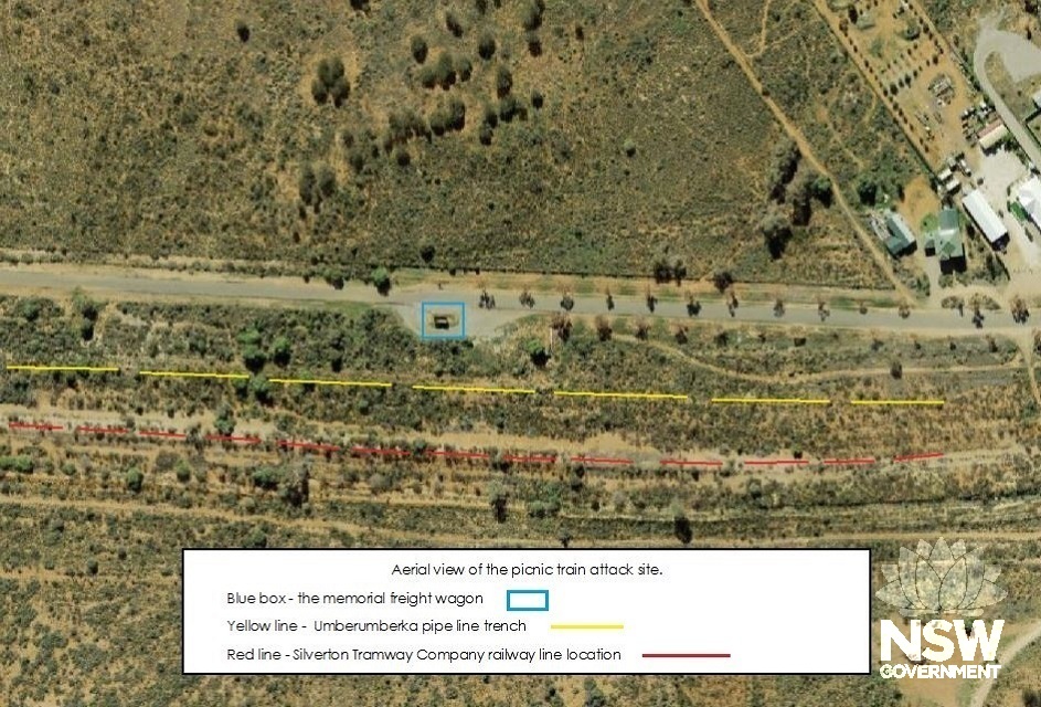 Aerial shot of picnic train attack site showing lay out of memorial wagon, Umberumberka pipeline and train line footprint.