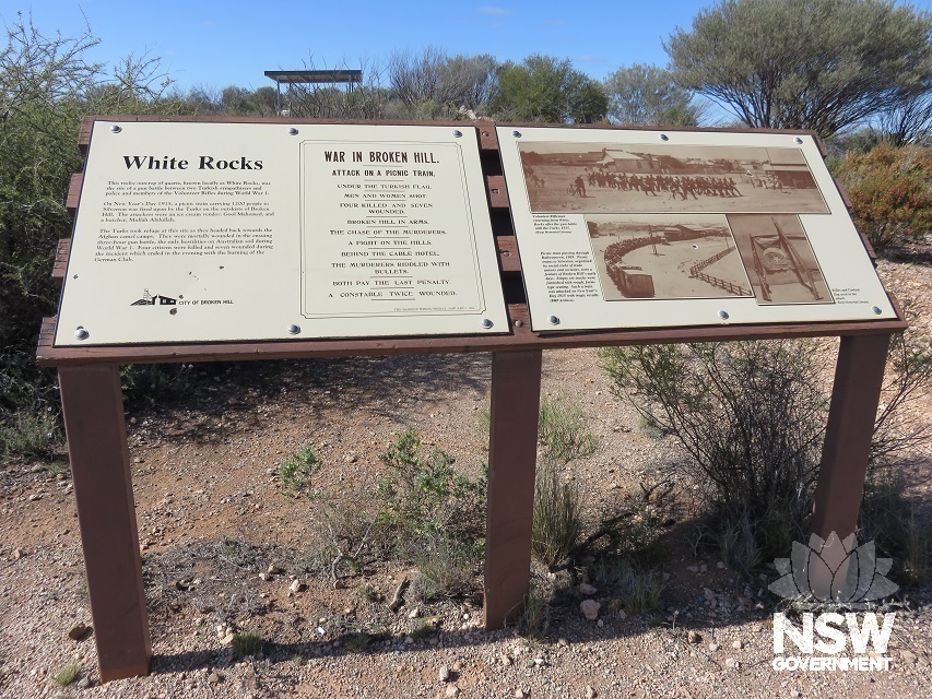 Interpretation sign at the White Rocks Reserve talks about the attack and shows headlines from a local newpaper at the time.