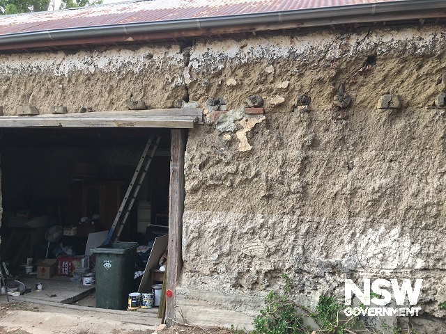 North elevation detail of Lindlegreen Barn - note different layers of cob construction.