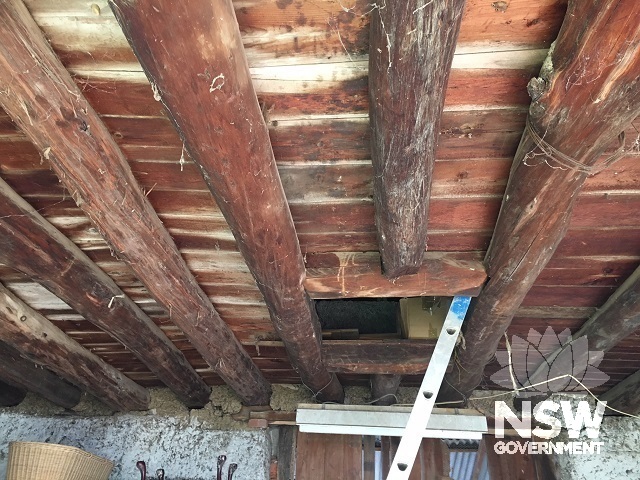 Interior ceiling of Lindlegreen Barn with attic access.