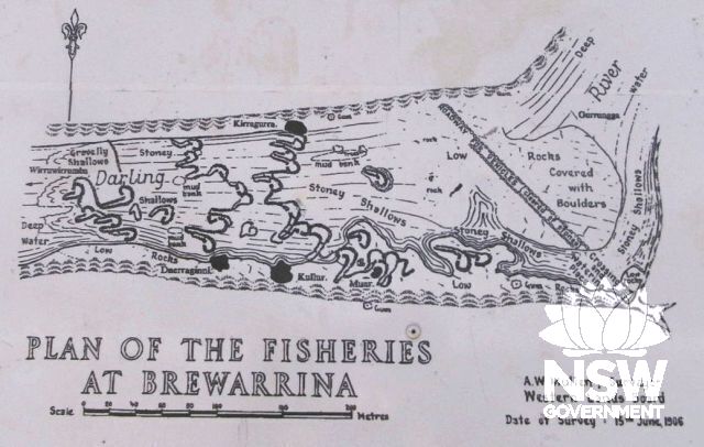 A.W. Mullens'plan of the Brewarrina fish traps drawn in 1906 for the NSW Western Lands Board (from Hope and Vines CMP, 1994)