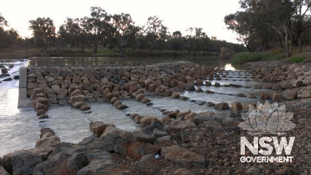 Fish ladder constructed in rocks beside weir to allow native fish to swim upstream, completed by NSW Fishers Dept of Primary Industries in 2013