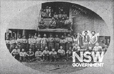 Group of men at the shearing shed in 1891 - including shearers and other workers