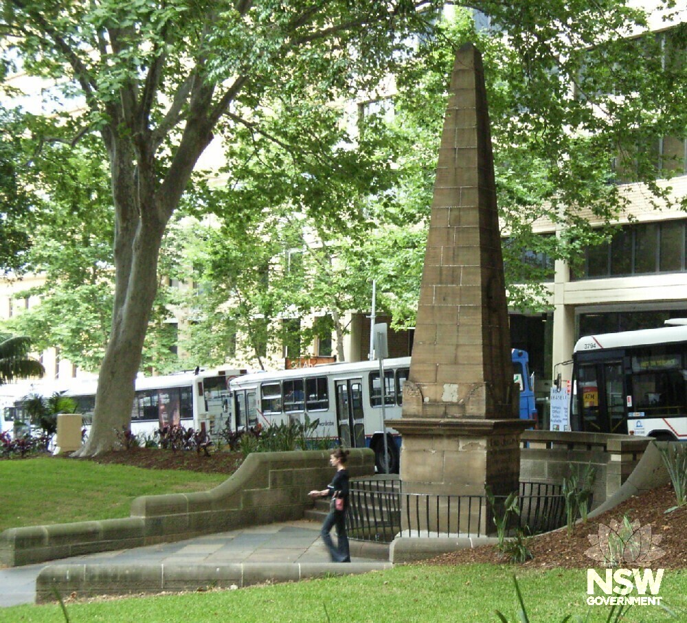 Macquarie Obelisk (1818) at Macquarie Place (c1791-1810). View from Bridge Street with Loftus Street in the background.