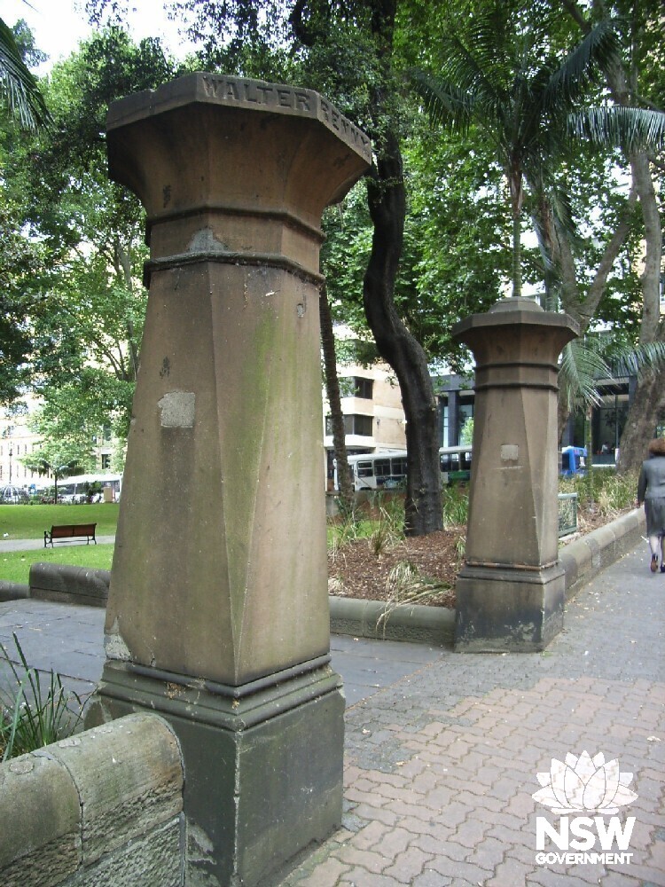 Maccquarie Place sandstone gate posts on Bridge Street, a memorial to a Mayor of Sydney lmarked with the words Walter Renny, Esq., Mayor 1869.